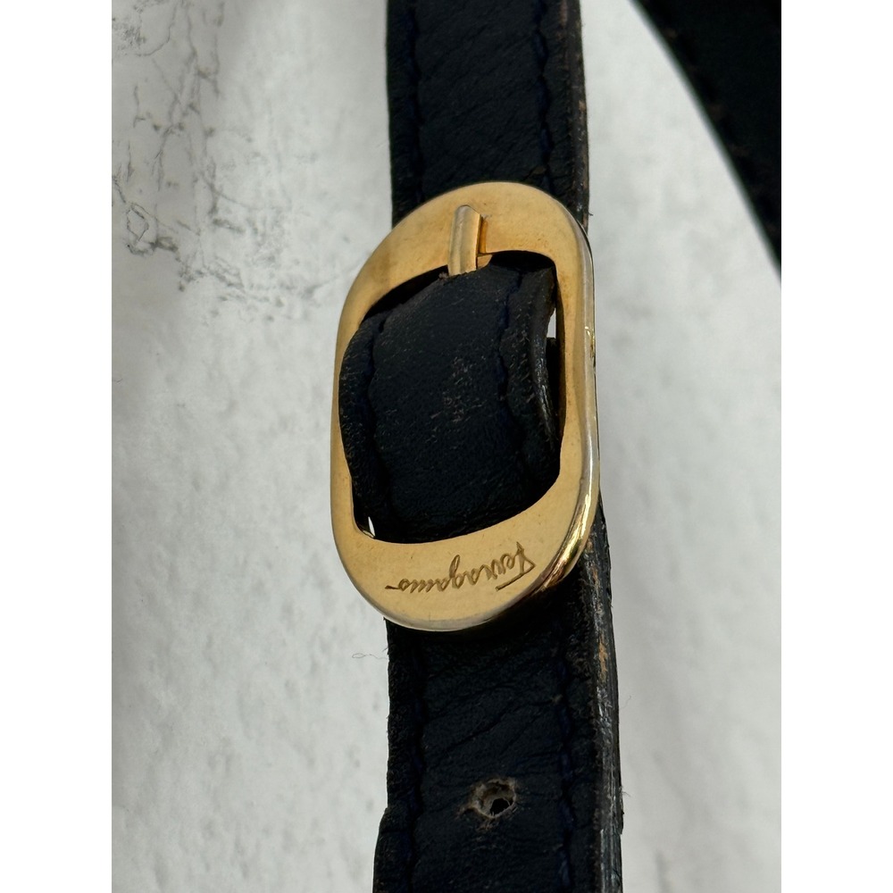 Vintage Salvatore Ferragamo Shoulder Bag Medium Navy Blue Leather Gold Hardware - Picture 3 of 11